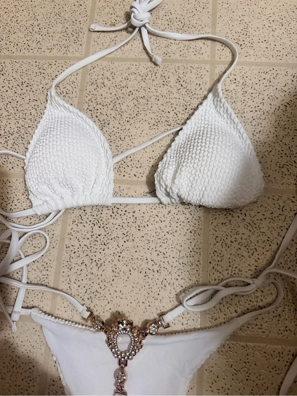 White Two-Piece String Bikini with Jeweled back Accent